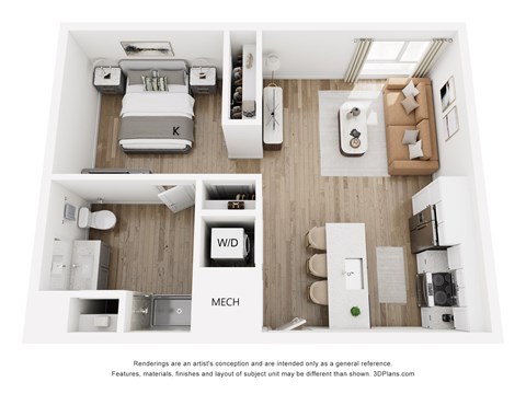 Floor plan for studio, 1 bath, 616 sqft